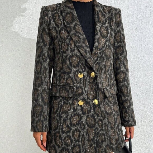 Elegant Women's Leopard Printed double breasted Blazer Jacket - Picture 7 of 8